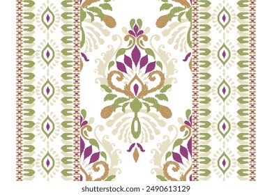 Ikat floral paisley design pattern on white background.Ikat ethnic oriental embroidery traditional,Aztec style,abstract background,vector illustration.design for texture,fabric,clothing,decoration.