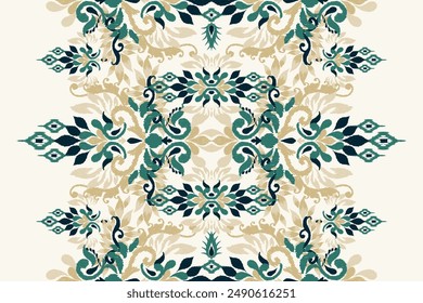 Ikat floral paisley design pattern on white background.Ikat ethnic oriental embroidery traditional,Aztec style,abstract background,vector illustration.design for texture,fabric,clothing,decoration.