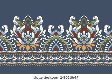 Ikat floral paisley design pattern on navy blue background.Ikat ethnic oriental embroidery traditional,Aztec style,abstract background,vector illustration.design for texture,fabric,clothing,decoration
