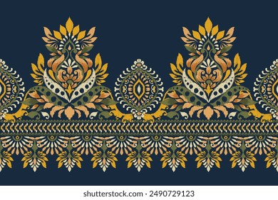 Patrón de diseño de paisley floral Ikat sobre fondo azul marino. Ikat bordado étnico oriental tradicional, estilo azteca, fondo abstracto, Ilustración vectorial. diseño para textura, tela, ropa, decoración