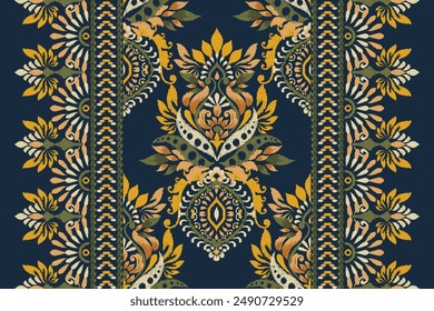 Ikat floral paisley design pattern on navy blue background.Ikat ethnic oriental embroidery traditional,Aztec style,abstract background,vector illustration.design for texture,fabric,clothing,decoration
