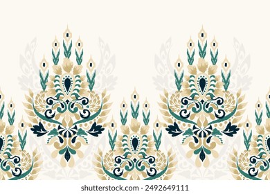 Ikat floral paisley design pattern on white background.Ikat ethnic oriental embroidery traditional,Aztec style,abstract background,vector illustration.design for texture,fabric,clothing,decoration