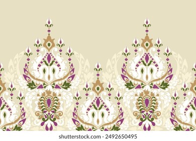 Motif de motif de cachemire floral Ikat sur fond blanc.Tradition de la broderie orientale Ikat, style aztèque, arrière-plan abstrait, illustration vectorielle .design pour texture, tissu, vêtements, décoration.