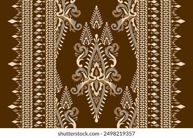 Ikat floral paisley design pattern on brown background.Ikat ethnic oriental embroidery traditional,Aztec style,abstract background,vector illustration.design for texture,fabric,clothing,decoration.