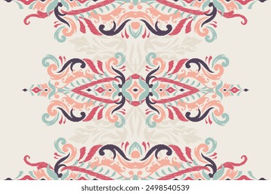 Ikat floral paisley design pattern on white background.Ikat ethnic oriental embroidery traditional,Aztec style,abstract background,vector illustration.design for texture,fabric,clothing,decoration.