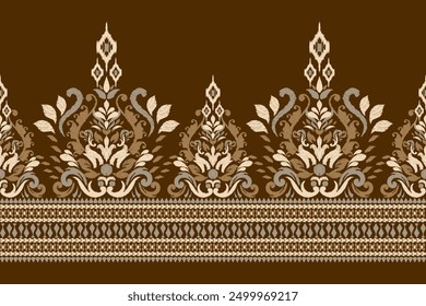 Ikat floral paisley design pattern on brown background.Ikat ethnic oriental embroidery traditional,Aztec style,abstract background,vector illustration.design for texture,fabric,clothing,decoration.