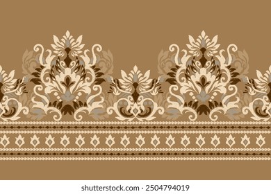 Patrón de diseño paisley floral de Ikat sobre fondo marrón. Bordado oriental étnico tradicional de Ikat, estilo azteca, fondo abstracto, Ilustración vectorial. Diseño para textura, tela, ropa, decoración.