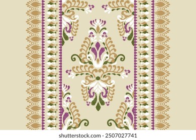 Ikat floral paisley design pattern on brown background vector illustration.ikat ethnic oriental embroidery traditional.Aztec style,abstract background.design for texture,fabric,clothing,decoration.