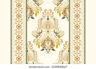 Ikat floral paisley design pattern on white background.Ikat ethnic oriental embroidery traditional,Aztec style,abstract background,vector illustration.design for texture,fabric,clothing,decoration,rug