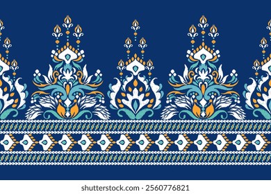 Ikat floral paisley design pattern on blue background.Ikat ethnic oriental embroidery traditional,Aztec style,abstract background,vector illustration.design for texture,fabric,clothing,decoration.