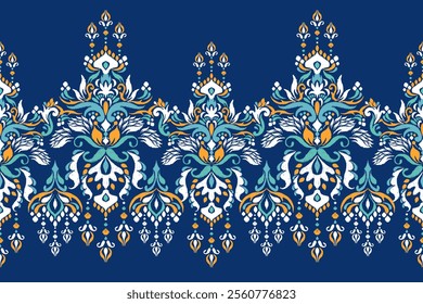 Ikat floral paisley design pattern on blue background.Ikat ethnic oriental embroidery traditional,Aztec style,abstract background,vector illustration.design for texture,fabric,clothing,decoration