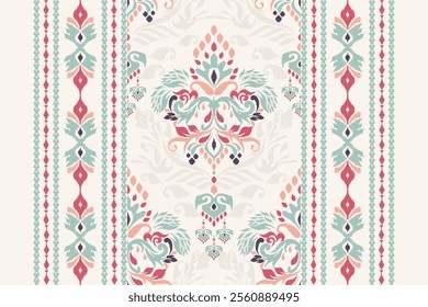 Ikat floral paisley design pattern on white background.Ikat ethnic oriental embroidery traditional,Aztec style,abstract background,vector illustration.design for texture,fabric,clothing,decoration.