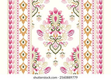 Ikat floral paisley design pattern on white background.Ikat ethnic oriental embroidery traditional,Aztec style,abstract background,vector illustration.design for texture,fabric,clothing,decoration.