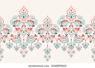 Ikat floral paisley design pattern on white background.Ikat ethnic oriental embroidery traditional,Aztec style,abstract background,vector illustration.design for texture,fabric,clothing,decoration.