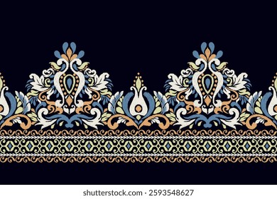 Ikat floral paisley design pattern on black background.Ikat ethnic oriental embroidery traditional,Aztec style,abstract background,vector illustration.design for texture,fabric,clothing,decoration
