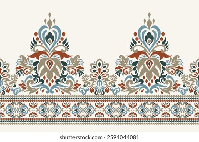 Ikat floral paisley design pattern on white background.Ikat ethnic oriental embroidery traditional,Aztec style,abstract background,vector illustration.design for texture,fabric,clothing,decoration