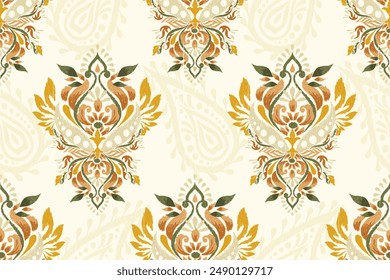 Ikat Blumen Paisley Design nahtlose Muster auf weißem Hintergrund.Ikat ethnisch orientalische Stickerei traditionell,Azteken Stil,abstrakter Hintergrund,Vektorillustration.Design für Textur,Stoff,Bekleidung,Druck