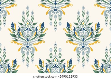 Ikat diseño paisley floral patrón sin fisuras sobre fondo blanco. Ikat bordado étnico oriental tradicional, estilo azteca, fondo abstracto, Ilustración vectorial. diseño para textura, tela, ropa, impresión