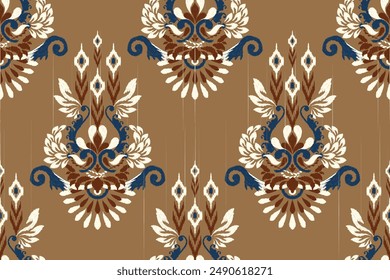 Ikat floral paisley design seamless pattern on brown background.Ikat ethnic oriental embroidery traditional,Aztec style,abstract background,vector illustration.design for texture,fabric,clothing,print