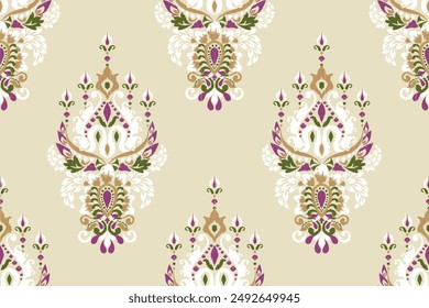 Ikat floral paisley design seamless pattern on brown background.Ikat ethnic oriental embroidery traditional,Aztec style,abstract background,vector illustration.design for texture,fabric,clothing,print