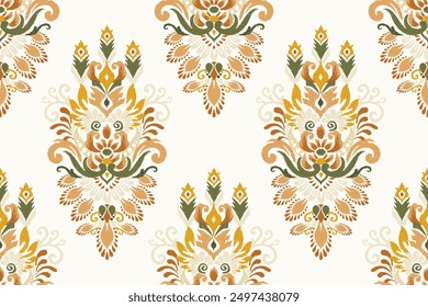 Ikat floral paisley design seamless pattern on white background.Ikat ethnic oriental embroidery traditional,Aztec style,abstract background,vector illustration.design for texture,fabric,clothing,print