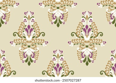Ikat floral paisley design seamless pattern on brown background.Ikat ethnic oriental embroidery traditional,Aztec style,abstract background,vector illustration.design for texture,fabric,clothing,print