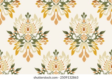 Ikat floral paisley design seamless pattern on white background.Ikat ethnic oriental embroidery traditional,Aztec style,abstract background,vector illustration.design for texture,fabric,clothing,print