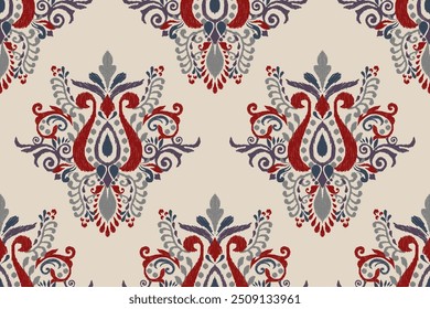 Ikat floral paisley design seamless pattern on brown background.Ikat ethnic oriental embroidery traditional,Aztec style,abstract background,vector illustration.design for texture,fabric,clothing,print