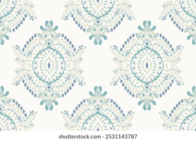 Ikat diseño floral paisley patrón transparente sobre fondo blanco. Ikat bordado oriental étnico tradicional, estilo azteca, fondo abstracto, Ilustración vectorial. diseño para textura, tela, ropa, impresión