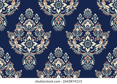 Motif harmonieux de motif cachemire floral Ikat sur fond bleu.Broderie orientale ethnique Ikat traditionnelle, style aztèque, arrière-plan abstrait, illustration vectorielle.design pour texture, tissu, vêtements, impression