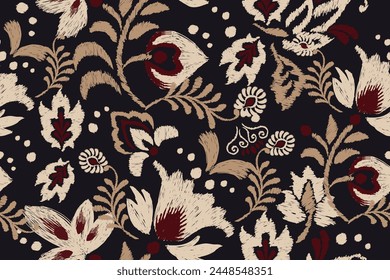 Ikat floral paisley embroidery background.Ikat ethnic oriental pattern traditional.Aztec-style abstract vector. design for texture, fabric, clothing, wrapping, decoration, sarong, scarf