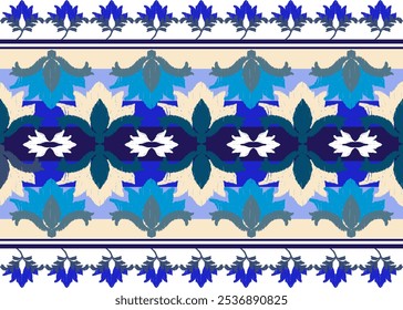 Ikat bordado floral paisley patrón tradicional étnico Geométrico patrón floral étnico Diseño de bordado de seda tailandés para el hogar decorativo almohada de cortina de alfombra patrón geométrico azul 