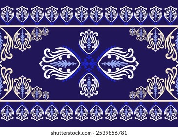 Ikat bordado floral paisley patrón tradicional étnico Geométrico patrón floral étnico 
Diseño de bordado de seda tailandés para el hogar decorativo alfombra cortina almohada azul patrón geométrico 