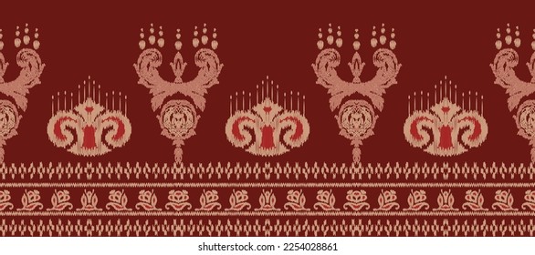 Ikat floral paisley embroidery. Ikkat red background.geometric ethnic oriental pattern traditional. Ikat Aztec style abstract vector illustration.design for texture,fabric,decoration,carpet,saree,sari