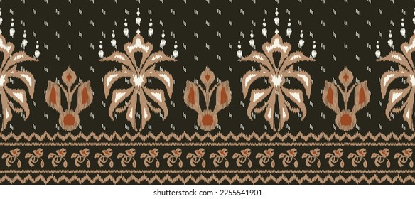 Ikat floral paisley embroidery on brown background.geometric ethnic oriental seamless pattern traditional. African style abstract vector.design for texture,fabric,clothing,saree,decoration,sari.