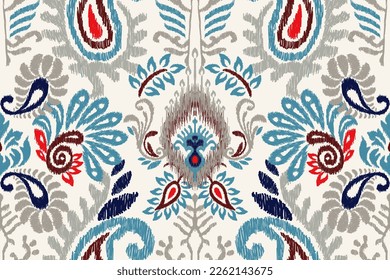 Ikat floral paisley embroidery on white background.geometric ethnic oriental seamless pattern traditional.Aztec style abstract vector illustration.design for texture,fabric,clothing,wrapping,scarf.