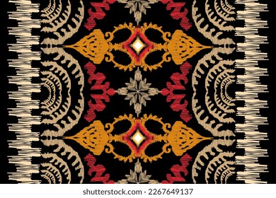 Ikat floral paisley embroidery on black background.geometric ethnic oriental pattern traditional.Aztec style abstract vector illustration.design for 