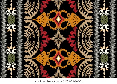 Ikat floral paisley embroidery on black background.geometric ethnic oriental pattern traditional.Aztec style abstract vector illustration.design for 