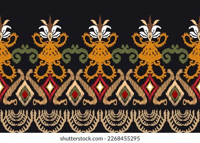 Ikat floral paisley embroidery on black background.geometric ethnic oriental pattern traditional.Aztec style abstract vector illustration.design for 