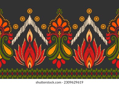 Ikat floral paisley embroidery on black background.geometric ethnic oriental pattern traditional.Aztec style abstract vector illustration.