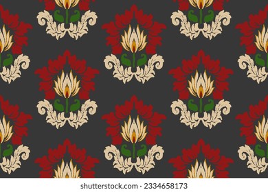 Ikat floral paisley embroidery on black background.Ikat ethnic oriental pattern traditional.Aztec style abstract vector illustration.Seamless pattern in tribal, folk embroidery, and Mexican style. 