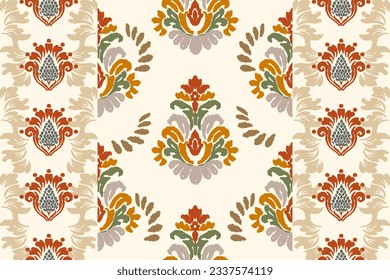 Ikat floral paisley embroidery on white background. Traditional ethnic ikat, aztec abstract vector pattern, seamless pattern in tribal, folk embroidery and mexican style.