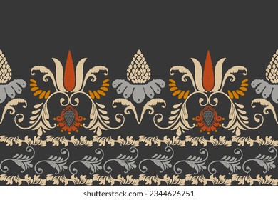 Ikat floral paisley embroidery on black background.Ikat ethnic oriental pattern traditional.Aztec style abstract vector illustration.Seamless pattern in tribal, folk embroidery, and Mexican style. 