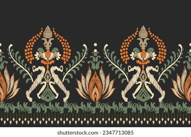 Ikat floral paisley embroidery on black background.Ikat ethnic oriental pattern traditional.Aztec style abstract vector illustration.Seamless pattern in tribal, folk embroidery, and Mexican style. 