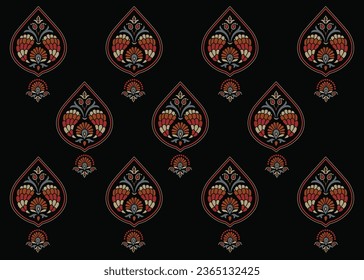 Ikat floral paisley embroidery on black background.Ikat ethnic oriental seamless pattern traditional.Aztec style abstract vector illustration.