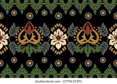 Ikat floral paisley embroidery on black background.geometric ethnic oriental pattern traditional.Aztec style abstract vector illustration.