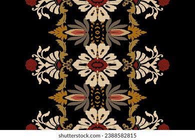 Ikat floral paisley embroidery on black background.Ikat ethnic oriental pattern traditional.Aztec style abstract vector illustration.design for texture,fabric,clothing,wrapping,decoration,sarong,scarf