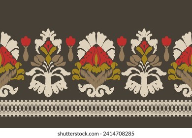 Ikat floral paisley embroidery on black background.Ikat ethnic oriental pattern traditional.Aztec style abstract vector illustration.Seamless pattern in tribal, folk embroidery, and Mexican style. 