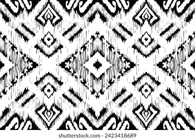 Ikat floral paisley embroidery on navy blue background.Ikat ethnic oriental pattern traditional.Aztec style abstract vector illustration.