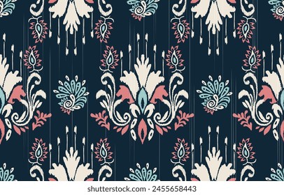 Ikat Blumen Paisley Stickerei auf schwarzem Hintergrund. Geometrische ethnische orientalische Muster traditionell.
Aztec Stil abstrakte Vektorillustration.Design für Textur, Stoff, Kleidung, Verpackung, Dekoration, Teppich